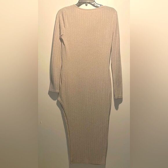 SHEIN- Maternity Cream V-Neck Ribbed Knit Split Thigh Long Sleeve Dress- Size L - Picture 2 of 7